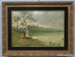 Art: JOVENES CON ANCIANO PESCANDO. OLEO S/ CARTONE. JUAN EGEA Y MARIN (MURCIA 1860-?)